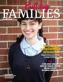 Bita Jadali on the cover of "Bulldog Families" magazine, smiling.